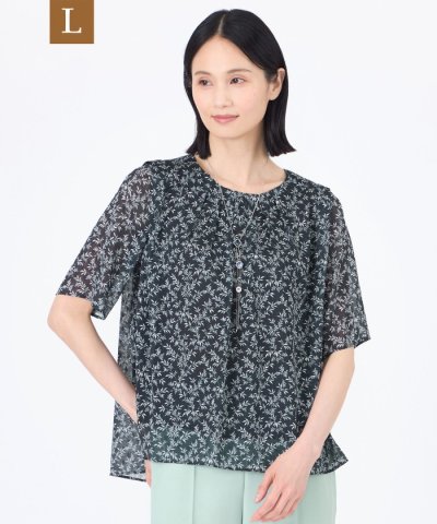 【L】【ウォッシャブル】シャドーフラワープリントプルオーバーブラウス