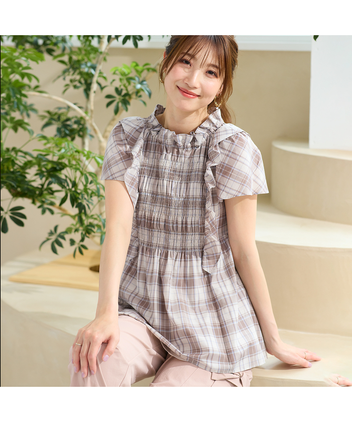 ローズティアラ（Rose Tiara）/【手洗い可】チェックシャーリングブラウス ローズティアラ RoseTiara 【手洗い可】チェックシャーリングブラウス