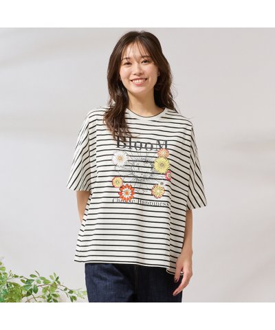 【手洗いOK・綿100％】フラワープリント＆刺繍カットソー