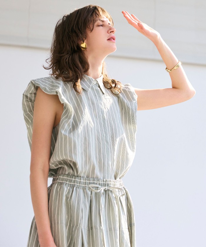 BEIGE 【洗える】FREESIA / バルーンスリーブストライプブラウス GREENSTRIPE 4 BEIGE 【洗える】FREESIA / バルーンスリーブストライプブラウス GREENSTRIPE 4