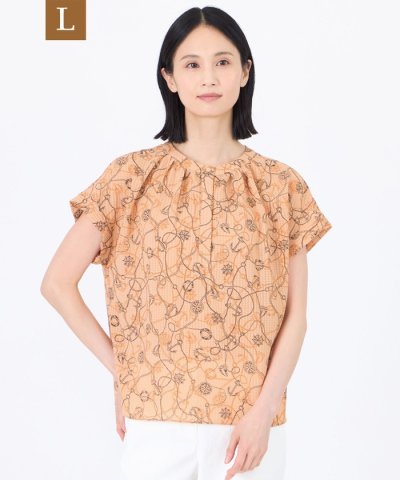 【L】【ウォッシャブル】ミジンサッカー マリンプリントプルオーバーブラウス