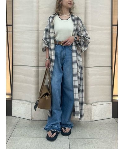 チェック柄袖ボリュームロングシャツワンピース