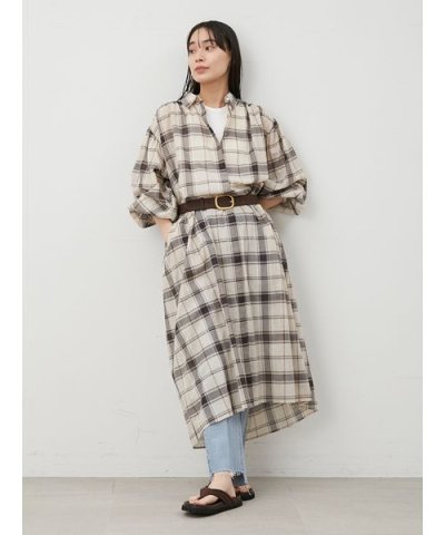 チェック柄袖ボリュームロングシャツワンピース