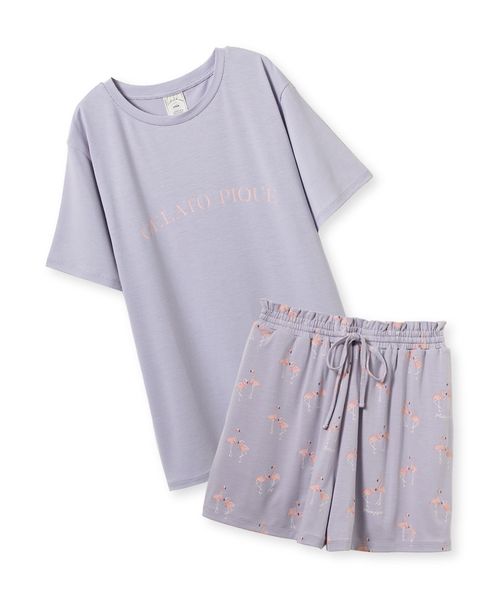 ハマ　ジェラピケ　半袖Tシャツ&ショートパンツセット 接触冷感】モチーフ4柄ワンポイントTシャツ&ショートパンツ