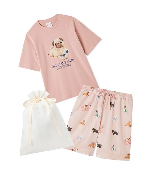即納 [新品] ドーナツベアワンポイントTシャツ & 総柄ロングパンツ ピンク 新品未使用] ドーナツベアワンポイントTシャツ & 総柄ロング