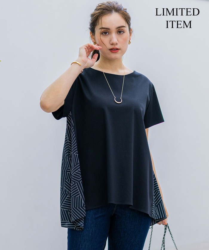 tシャツ 「Lサイズ限定/洗える」スカーフプリントコンビ バックフレア カットソー レディース セール】【Lサイズ限定/洗える】スカーフプリントコンビ バック
