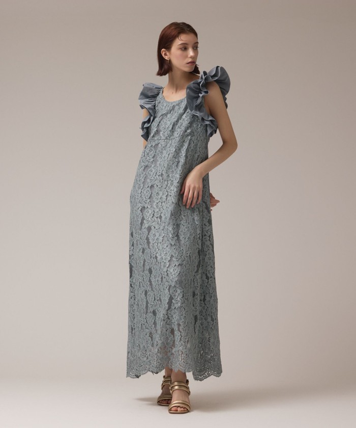 GRACECONTINENTAL フリルレースワンピース ブルー 38 GRACECONTINENTAL フリルレースワンピース ブルー 38