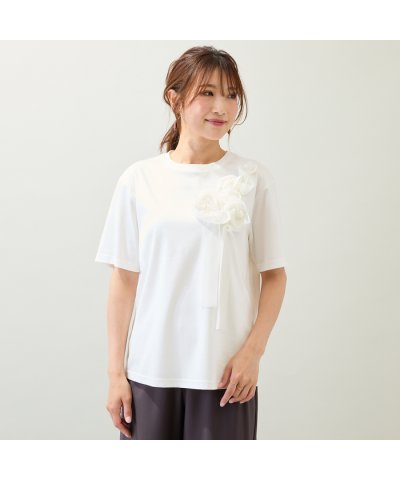 【接触冷感/綿100%/手洗いOK】巻きバラ刺繍カットソー
