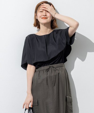 【汗じみ防止/洗える】スムースデザイン ラッフルカラー カットソー