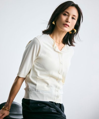 【洗える】VALOIS / ジョーゼットトリム半袖カーディガン