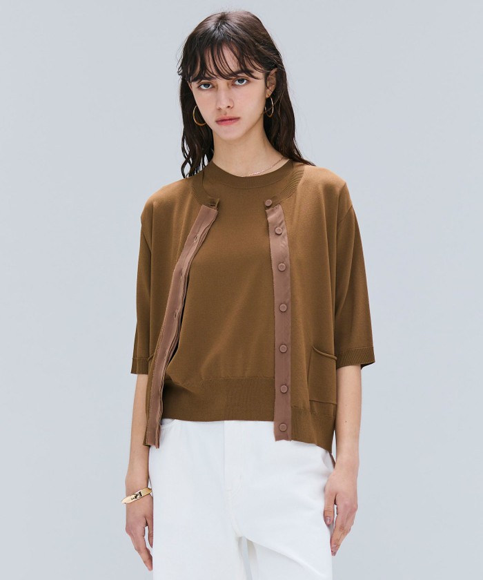 BEIGE 【洗える】VALOIS / ジョーゼットトリム半袖カーディガン BROWN 4 BEIGE 【洗える】VALOIS / ジョーゼットトリム半袖カーディガン BROWN 4