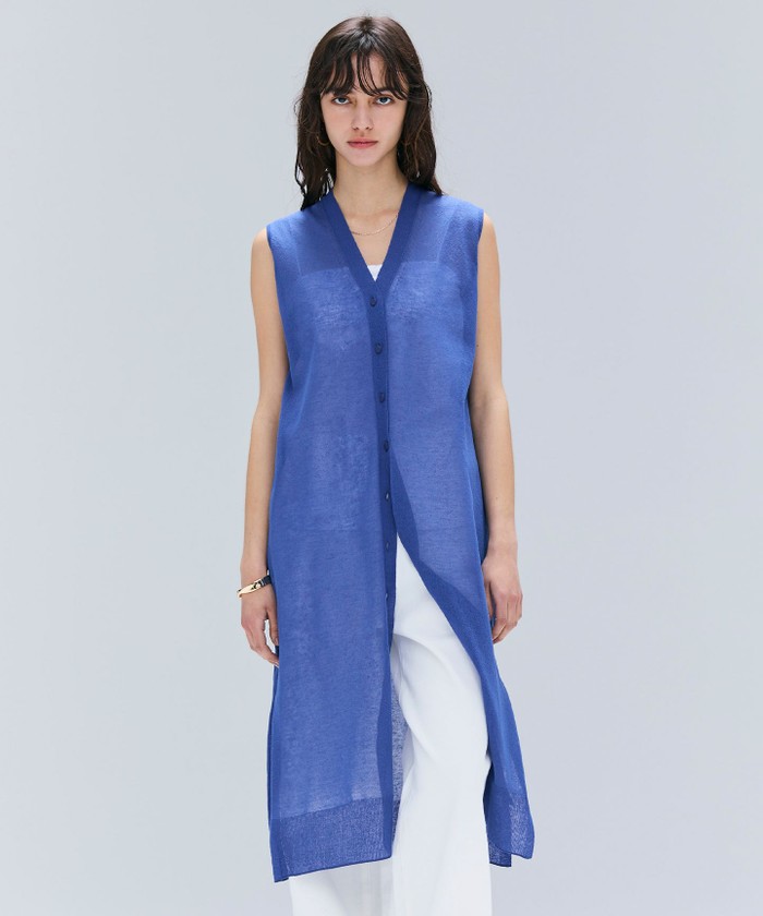 BEIGE 【洗える】MILANO / リネン混シアーロングジレカーディガン BLUE 4