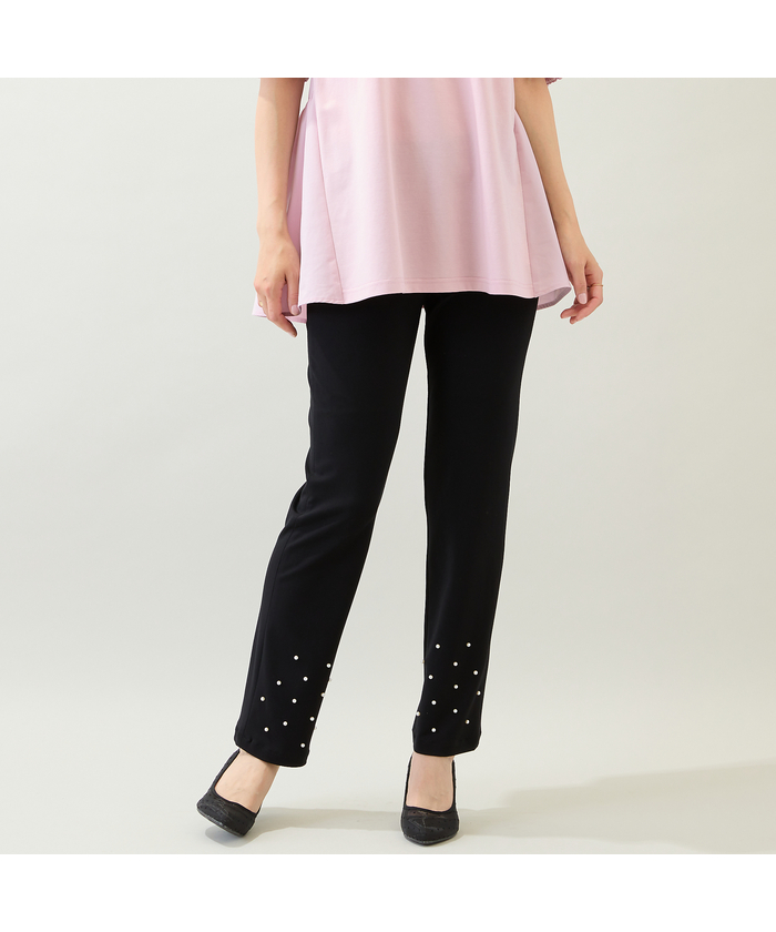 美品 ローズティアラ パンツ クロップド丈 リボン ギンガムチェック 44 黒 大きいサイズ☆ローズティアラ44☆リボン付き黒レギンスパンツ