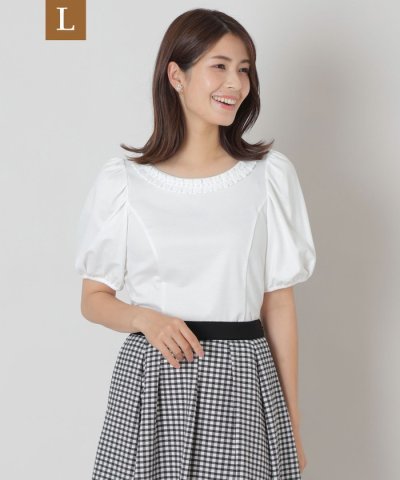 【L】タックリボン＆ビジューネック カットソー