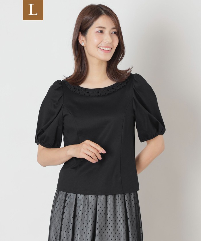 tシャツ タックリボン＆ビジューネック カットソー レディース L】タックリボン＆ビジューネック カットソー(508343782)｜阪急