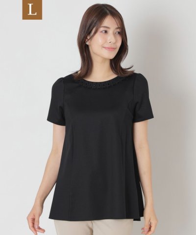【L】タックリボン＆ビジューネック　チュニック