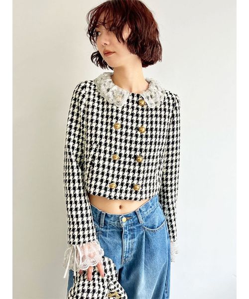 コメントで100円引き新品リリーブラウン　スカラップビジューアタッチドジャケット コメントで100円引きリリーブラウン スカラップビジューアタッチド