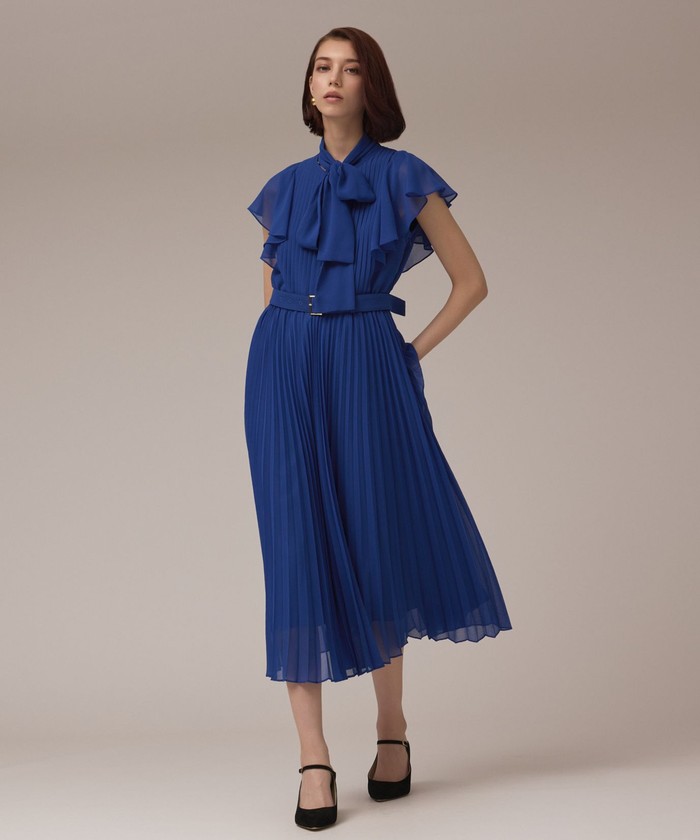 GRACECONTINENTAL ボウタイプリーツドレス ブルー 36