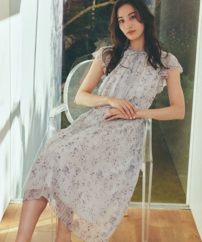 フラワーリボンプリント ギャザードレス