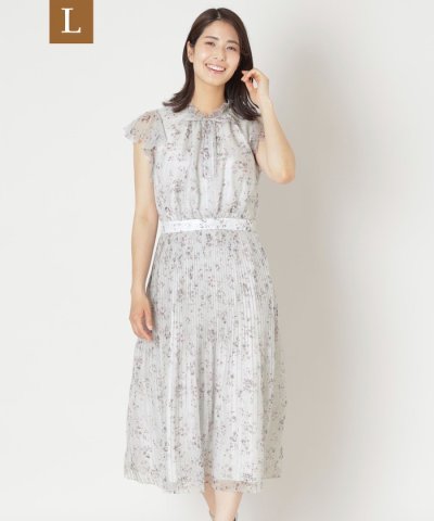 【L】フラワーリボンプリント ギャザードレス