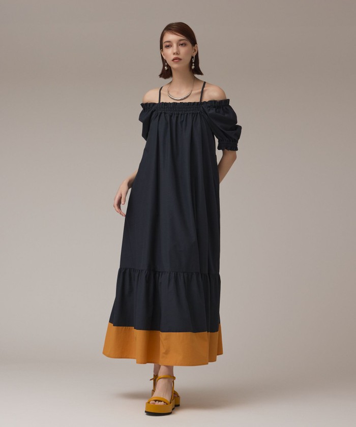GRACECONTINENTAL ギャザーロングワンピース ネイビー 36 GRACECONTINENTAL ギャザーロングワンピース ネイビー 36