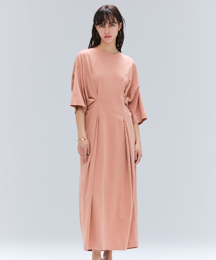 BEIGE 【洗える】S. BABILA / スリットネックウエストタックワンピース SUNSET 4 BEIGE 【洗える】S. BABILA / スリットネックウエストタックワンピース SUNSET 4
