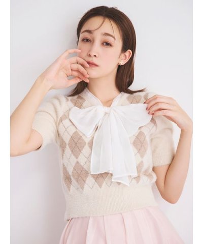 ボウタイリボンアーガイルニットプルオーバー