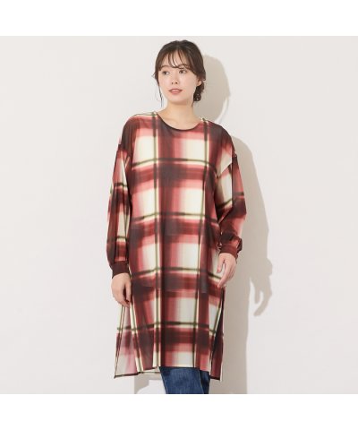 【手洗いOK】トーンオン・トーンチェックプリント・チュールチュニック