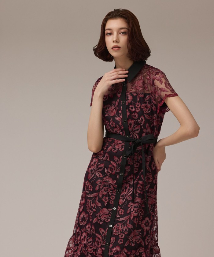 GRACECONTINENTAL チュールフラワー刺繍ワンピース ボルドー 36 GRACECONTINENTAL チュールフラワー刺繍ワンピース ボルドー 36