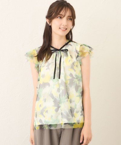 ぼかしフラワー リボンブラウス