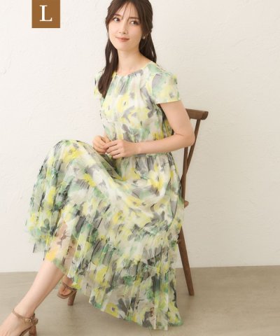 【L】ぼかしフラワー ティアードドレス