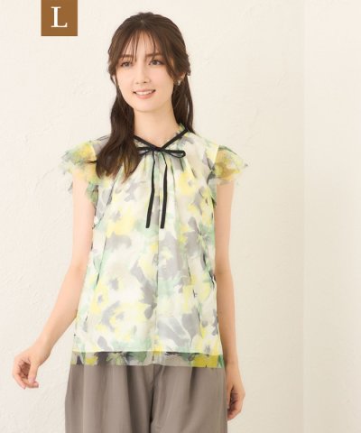【L】ぼかしフラワー リボンブラウス