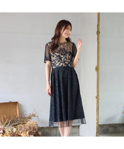 【美シルエット】ドットチュール刺繍ワンピース