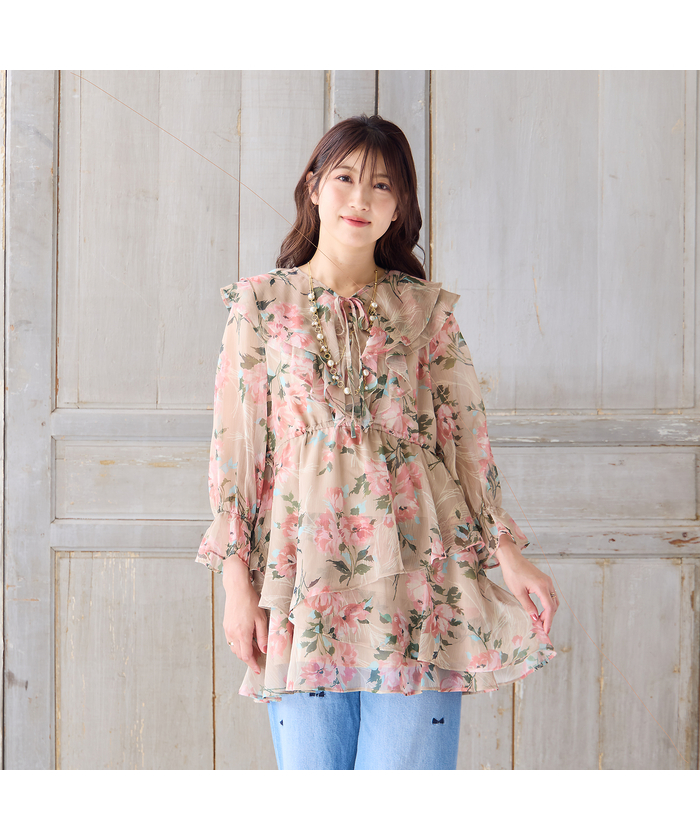 ⭐️新品⭐️Rose Tiara⭐️リバティ調花柄フリルチュニック42 anc ローズティアラ Rose Tiara チュニック 42 黒 ピンク系
