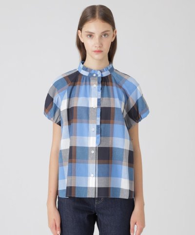 クレストブリッジチェックコットンリネンフリルブラウス