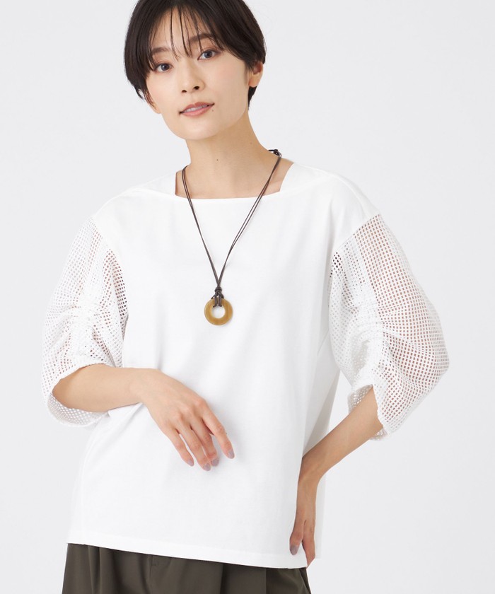 tシャツ 「L」「ウォッシャブル」メッシュコンビカットソー レディース L】【ウォッシャブル】メッシュコンビカットソー(508414867
