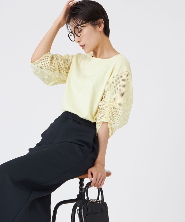 tシャツ 「L」「ウォッシャブル」メッシュコンビカットソー レディース L】【ウォッシャブル】メッシュコンビカットソー(508414867