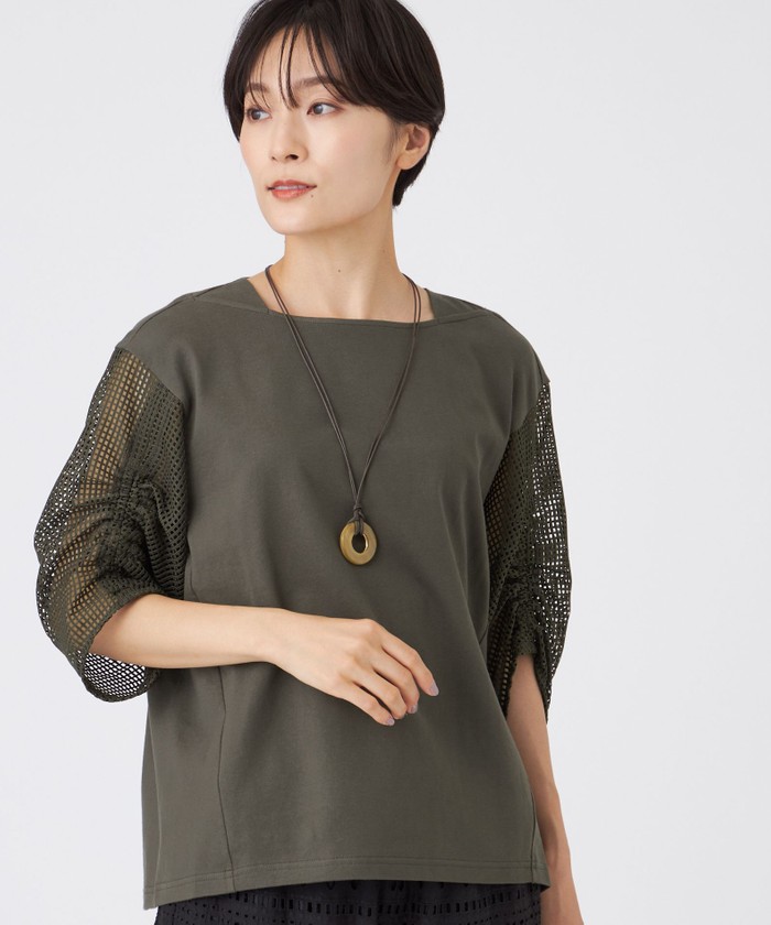 tシャツ 「L」「ウォッシャブル」メッシュコンビカットソー レディース L】【ウォッシャブル】メッシュコンビカットソー(508414867