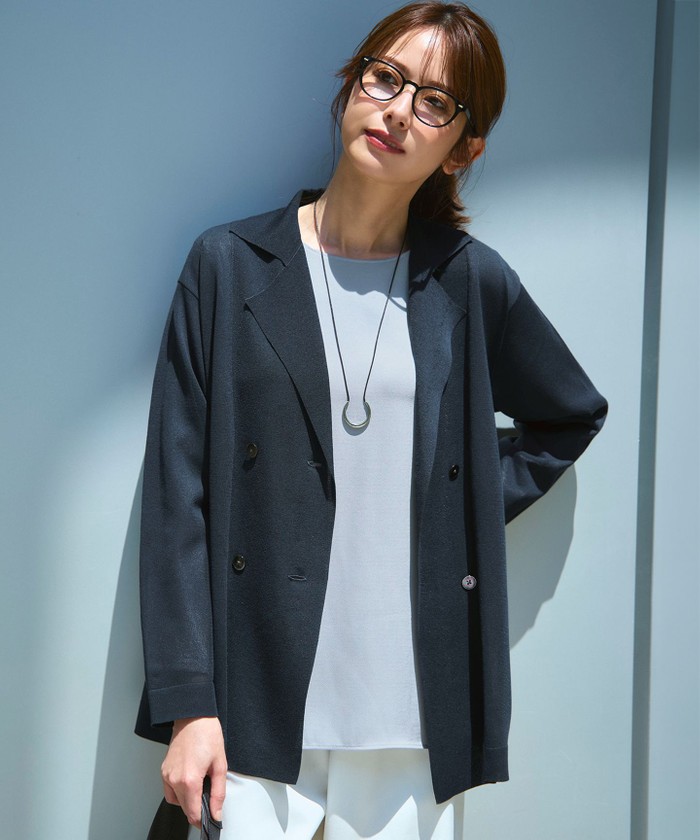 小夜時雨ÉTONNÉ ネイビー ダブルブレスト S 新品　ニットジャケット 一部先行予約/洗える】シアー ダブルブレスト ニット ジャケット