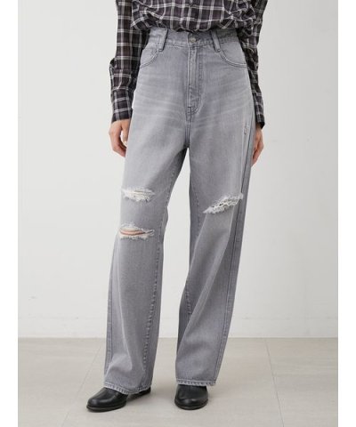ダメージ加工ルーズストレートデニムパンツ