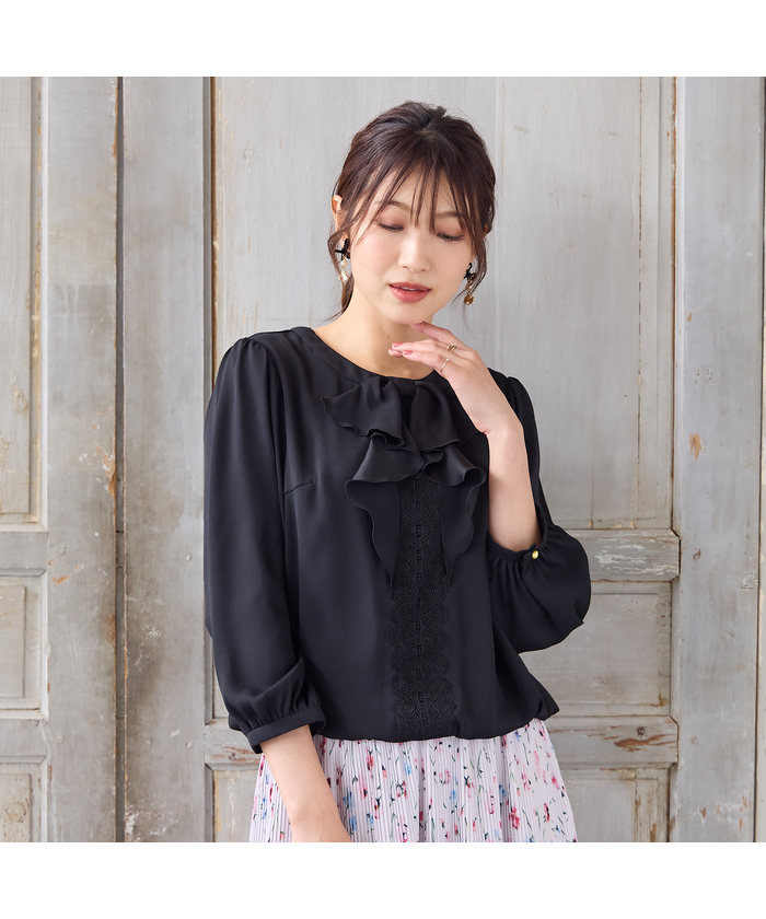 ローズティアラ　エステルダブルクロスプリーツブラウス　42 ブラック ローズティアラ エステルダブルクロスプリーツブラウス 42 ブラック