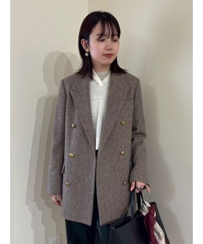チェック金釦ダブルブレストロングブレザー