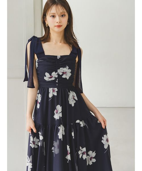 FLOWER COLLECTION】プリントショルダーリボンワンピース