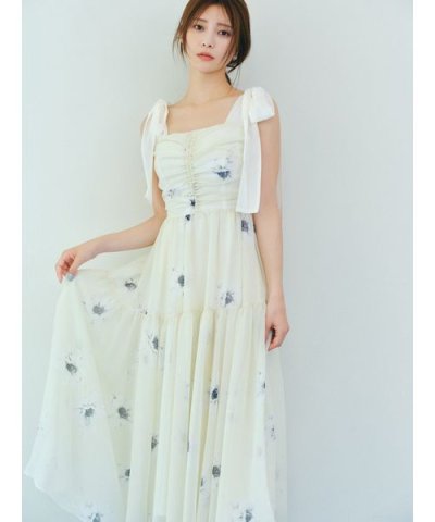 【FLOWER COLLECTION】プリントショルダーリボンワンピース