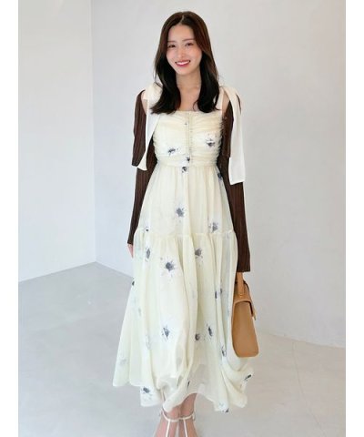 【FLOWER COLLECTION】プリントショルダーリボンワンピース