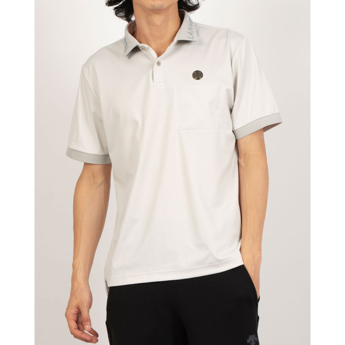 LANVIN - coco 中古 ランバンスポール LANVIN SPORT メンズ 半袖ポロシャツ 38(M) グレー ストレッチ 総柄 ランバン スポール LANVIN SPORT レザー調エンボス半袖