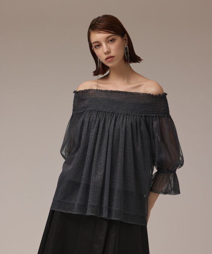 GRACECONTINENTAL チュールシャーリングトップ ネイビー 36 GRACECONTINENTAL チュールシャーリングトップ ネイビー 36