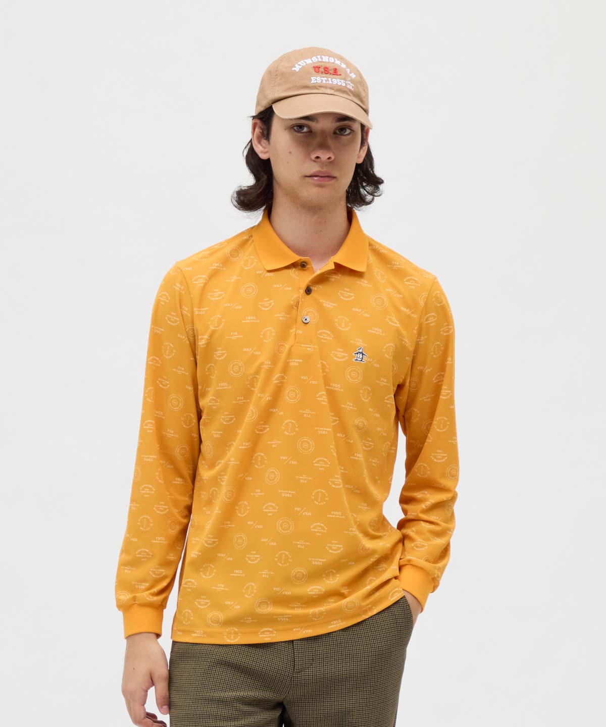 Munsingwear(ings) マンシングウェア Munsingwear ロゴ総柄プリント長袖ポロシャツ オレンジ M Munsingwear(ings) マンシングウェア Munsingwear ロゴ総柄プリント長袖ポロシャツ オレンジ M
