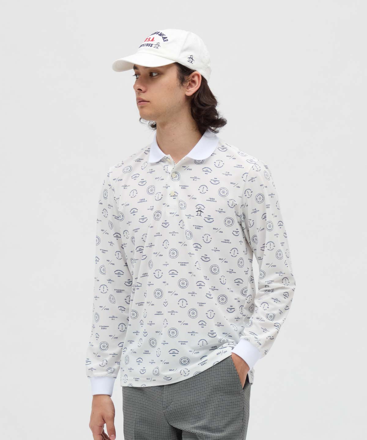 Munsingwear - 【新品タグ付】マンシングウェア ゴルフ　ポロシャツ　総柄　　メンズ　L マンシングウェア Munsingwear ロゴ総柄プリント長袖ポロシャツ