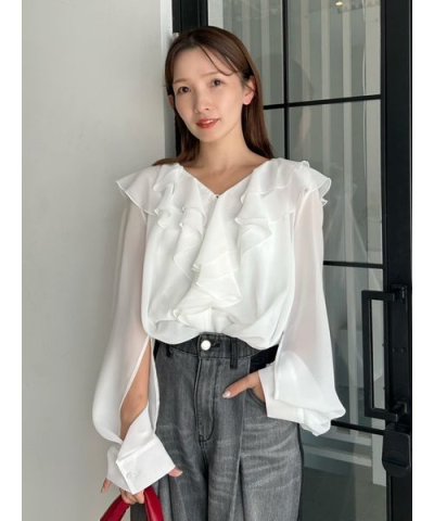 シフォンラッフルカフスデザインブラウス